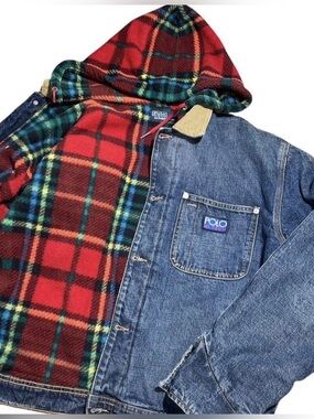 Polo Ralph Lauren Hi-tech Denim Trucker Jacket Plaid Fleece Lining Mens XS